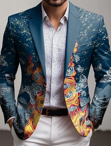 Herre Sommerfugl Blazer jakke Frakk Bekvem Pustende Kunstnerisk Fritid Avslappet Daglig Fest Lomme 3D-utskrift Knapper Alle årstider Med hakk Langermet Blå Svart Rød