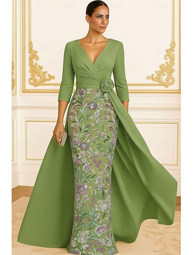  Linea ad A Tubino Colonna Lunghezza al pavimento Perline ricamate Abito Formale Abito da madre della sposa Abito da Sera Abito da ballo con sopragonna Abito formale Elegante Scintillante Setoso