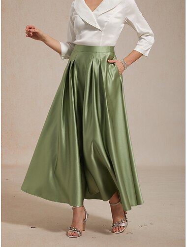  Dames Satijnen rokken Elegant Maxi Medium Taille Rokken Micro-elastisch Cocktailparty Bruiloftsgast mosgroen Zomer Satijn