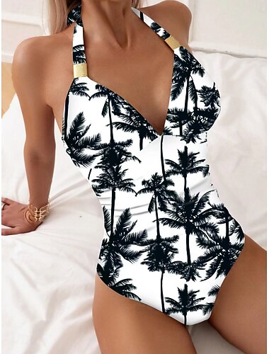  Damen Einteiler Badeanzug Slimming Palm Monokini Slips Bauchkontrolle Hohe Taille Schlank Rückenfrei Urlaub Strandbekleidung Gestreifter Halterneck Ärmelloses Badeanzüge