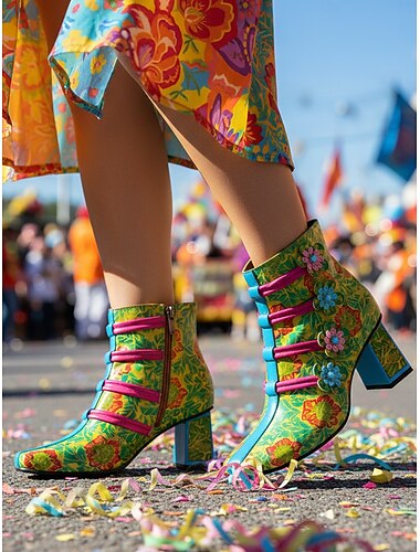  Vrouwen Mardi Gras Kleurrijke Bloemen Veterschoenen met Hakken – Levendig Retro 1970's Geïnspireerd Ontwerp met Heldere Bloemdetails Perfect voor Carnaval Festivals en Kostuum Evenementen