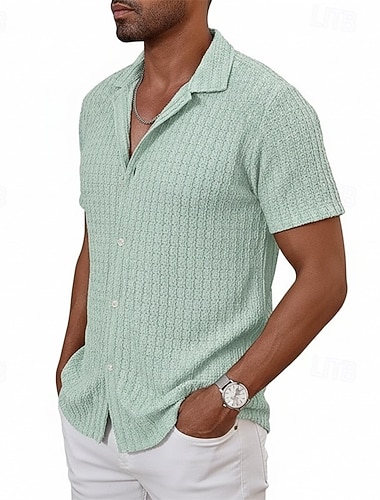 Herren Hemd Textur Freizeithemd Knopfhemd Weiß Hellgrün Kaki Aprikose Leicht Blau Kurzarm Einfarbig Hemdkragen Lässig Täglich Jacquard Bekleidung Elegant Mode Lässig
