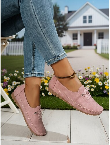  حذاء موكاسين وردي اللون للنساء مع خياطة - حذاء قيادة مسطح سهل الارتداء بنعل ناعم للرضاعة الطبيعية والمشي غير الرسمي والعمل اليومي