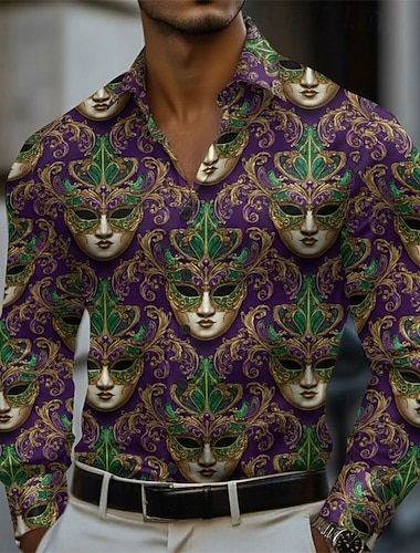  Venezianisches Karnevalshemd für Herren – Button-Up-Hemd mit Grafikprint für Maskenbälle und Festivals