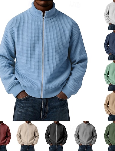  Herren Sweatshirt Waffel-Sweatshirt Sweatshirt mit durchgehendem Reißverschluss Schwarz Weiß Hellgrün Wein Marineblau Stehkragen Einfach Reißverschluss Strukturiert Lässig Täglich Sport & Outdoor
