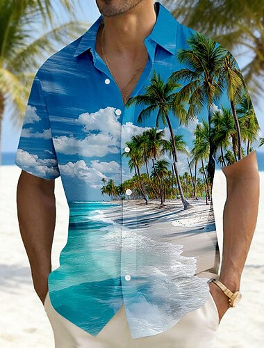  Homme Cocotier Nature et paysages Plantes Tropicales Chemise Chemises hawaïennes Chemise Aloha Manche Courte Hawaïen Vacances Fête Été Col Rabattu Impression 3D Une poche avant Chemise en lin Bleu