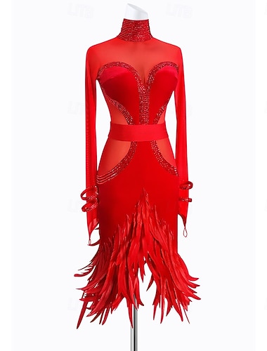  Robe de danse latine rouge glamour pour femme - manches longues en résille, col montant orné de strass &Robe de rumba salsa avec corsage, jupe à ourlet de plumes et manchettes aux poignets.