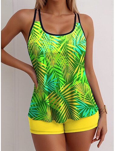  Dames Tankini 2 Delig Badpak Palm Hoge Taille Rugloos Vakantie Strandkleding Grafisch Geometrisch Scoop Hals Mouwloos Badpakken