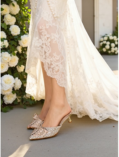  Glinsterende muiltjes met strass en parelstrik voor dames, elegante instappers voor bruiden met puntige neus, perfect voor in de tuin &gazonceremonies