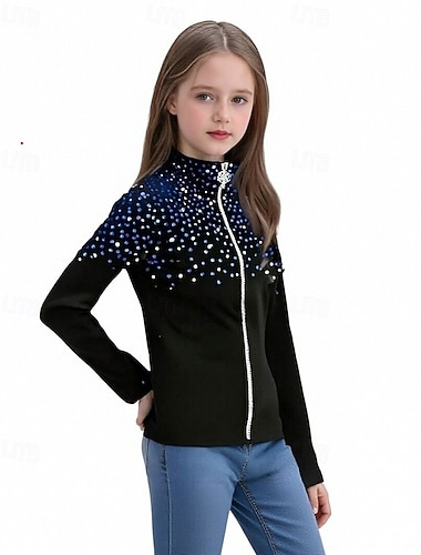  Fleecejakke for kunstløp dame jenter skøytejakke svart elastisk treningskonkurranse skøyteklær varmende krystaller/strass langermet skøyting kunstløp