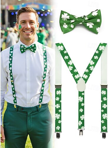  set di bretelle e papillon con trifoglio verde da uomo, in poliestere, perfetti per il giorno di San Patrizio, il carnevale e l'uso quotidiano