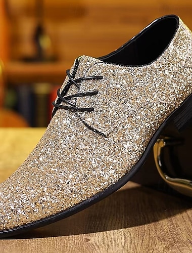  Chaussures habillées à paillettes pour hommes - dorées, design formel et élégant, parfaites pour les occasions spéciales et les soirées.