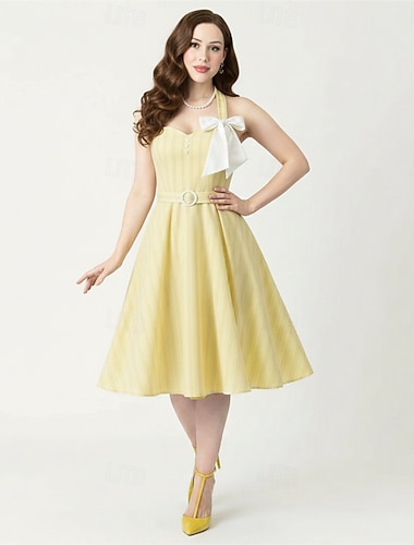  الغريب من نوعه ميدي فستان خط بلا أكمام مخطط قياس مناسب ملابس تنكرية نسائي مهرجان عيد الحب فضفاض حفلة العودة للمدرسة حفلة ذات طابع ريترو للبالغين فستان الصيف الربيع