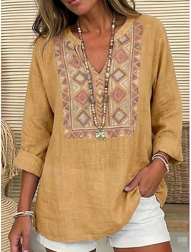  Dámské Košile Tunika Tisk Grafika Geometrický Vinobraní Denní stylové Dlouhý rukáv Do V Běžné topy Denní Dovolená Žlutá Léto Jaro