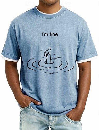  „I'm fine“ Herren-T-Shirt mit Grafikprint, Vintage-Waschung, blauer Ringer-Print, Used-Look, sarkastischem, schwarzem Humor, 65 % Baumwollmischung, weiches, lässiges Oberteil, Größen: S, M, L, XL,