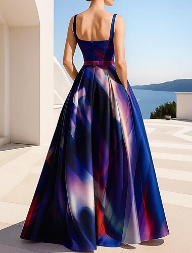  A-linje Golvlång Balklänning Festklänning Cocktail klänning Quinceanera klänningar Elegant party Ärmlös Fyrkantig hals Kvällsfest Bröllop med Blomtryck Ficka