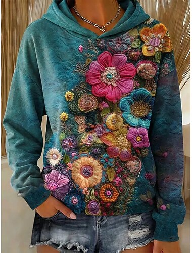  Damen Kapuzenpullover Patchwork Druck Fronttasche Blumen Grafik Vintage Lässig Langarm Mit Kapuze Normale Oberteile Lässig Straße Alltagskleidung Purpur Braun Grün Frühling Winter