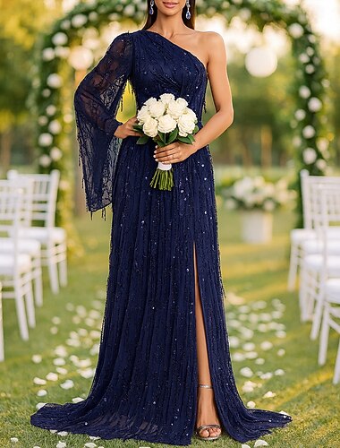  A-Linie Bodenlanges Formelles Kleid Abendgarderobe Quinceanera Kleider Elegante Party Lange Ärmel Ein Schulter Abendparty Hochzeitsglitzern mit Pailletten-Schlitz