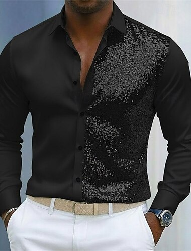  Férfi Ing Nyári póló Alkalmi ing Stranding Gombos póló Fekete Fehér Hosszú ujj Tömör szín Hajtóka Hétköznapi Napi Flitter Ruházat Divat Alkalmi divatba jövő Kényelmes