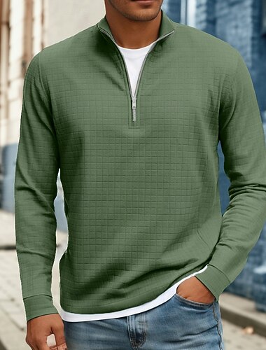  Herren Waffel-T-Shirt T Shirt Viertel-Zip T-Shirt Langarm Stehkragen Herbst Winter Frühling & Herbst Einfarbig Texture Strickware Täglich Lässig Reißverschluss Warm Lässig Täglich Outdoor Schwarz