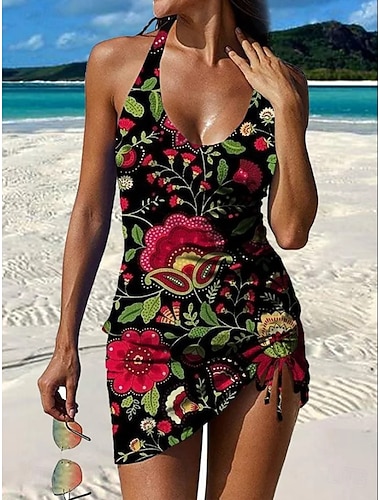  Femmes Maillots de Bain Tankini Jupe Maillot de bain Élégant Vacances Fleuri Graphique Col en V Sans manches Maillots de bain