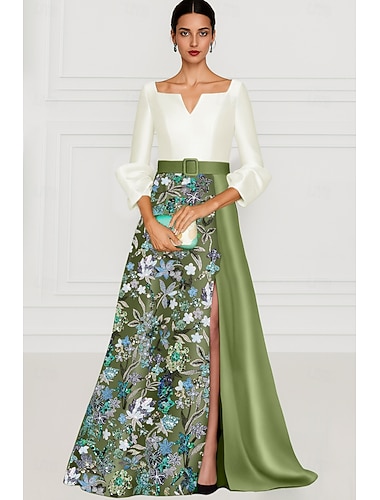  Linea ad A Lunghezza al pavimento Perline ricamate Abito Formale Abito da madre della sposa Abito da Sera Abito formale Elegante Brillanti Setoso Manica Lunga Scollo a V Matrimonio Formale Mantelle