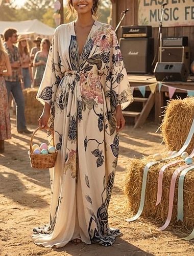  Damen Langes Kleid Maxikleid Boho Kleid Urlaub Freizeitkleid Swing Kleid Mode Modern Alltag Urlaub Strand Regular Fit Blumen Langarm V-Ausschnitt Weinrot Marineblau Apricot Sommer Frühling