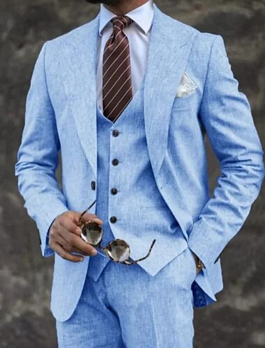  Per uomo Blazer+Gilet+Pantaloni eleganti Giacca blazer Completi Affari Lavoro Feste Elegante Moda Primavera Autunno Lino Tinta unica 3 pezzi Monopetto Giacca Blu Grigio scuro Verde chiaro Rosa