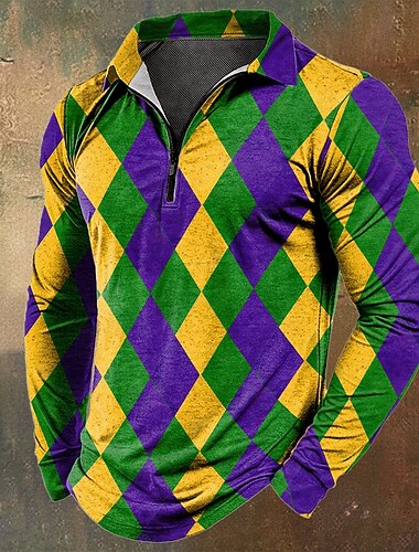  Carnaval Hombre Tiras horizontales Camisetas polo con cremallera Manga Larga Camisas de polo Diseño Casual Exterior Atuendo para festival Impresión 3D Primavera Otoño Amarillo Morado