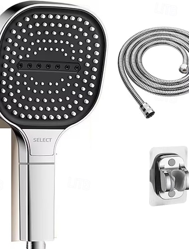  Håndholdt høytrykks spa-massasjedusjhode med slange og justerbar brakett, 3 spraymoduser, firkantet 130 mm diameter, veggmontert ABS-harpiks, filter inkludert, ingen strøm nødvendig, enkel