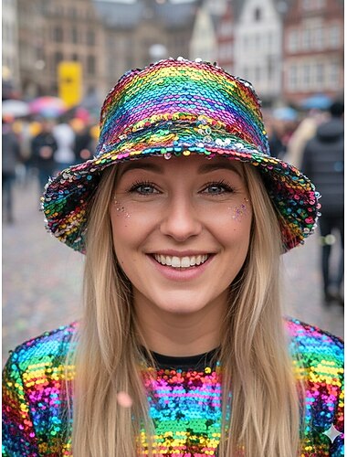  Woman's Multi-Color Reversible Sequin Bucket Mardi Gras Hat - Shiny Disco Costume Accessory Carnival Rave  Masquerade