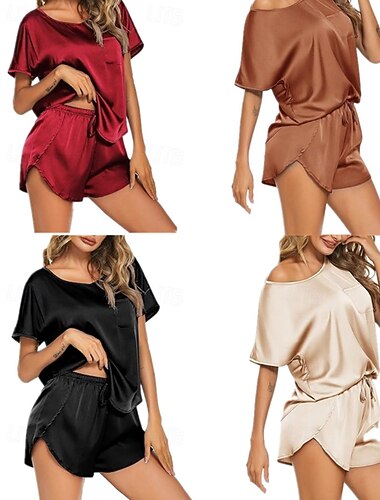  Dam Pyjamas Vardagsklädsel Pyjamas set Ledigt Mjukt Satin Ren färg Snörning Shorts Dagligen Hem Säng Kortärmad Rund hals Svart Ljusgrön Vin Brun Grön Sommar Vår Lös passning