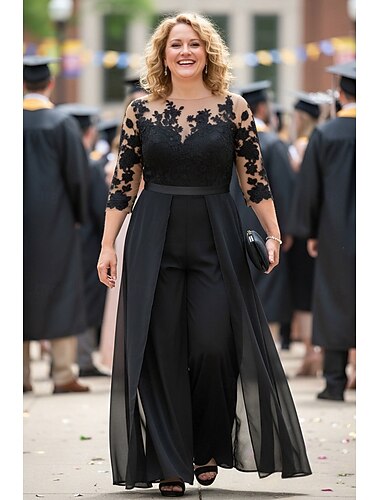  Jumpsuit / Pantsuit Gulvlengde Overskjørtkjole Kjole til brudens mor 3/4 ermer Øsehals Elegant Formell Bryllupsgjest Chiffon Blonder med Appliqué
