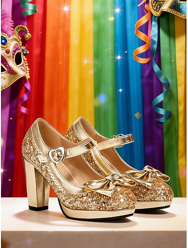  Kvinders Mardi Gras guldglitrende Mary Jane hæle med sløjfedetalje - glitrende platformpumper retro glam stil perfekt til karneval og festlige fejringer