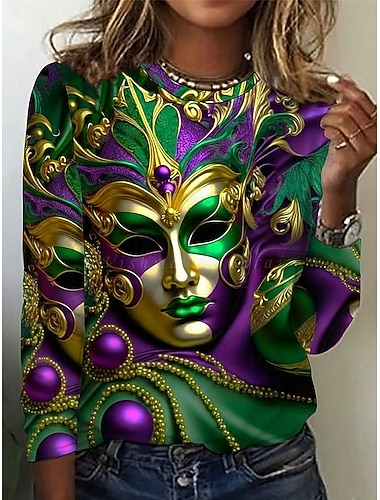  Carnaval Vrouwen T-shirt Grafisch Geometrisch Vintage Stijlvol Modern Lange Mouwen Crew Neck Reguliere Tops Dagelijks Weekend Print Paars Zomer Lente