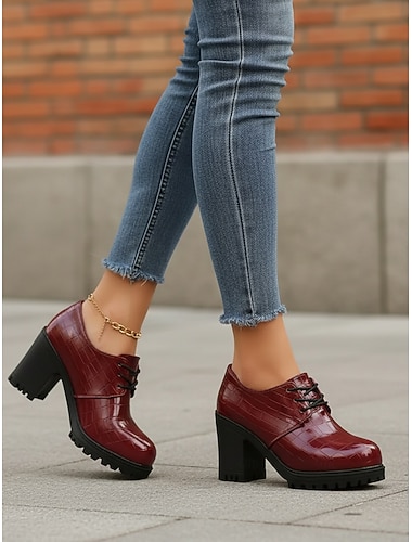  Burgunderrote Damen-Schnürschuhe mit klobigem Absatz und Lackleder-Optik – trendige Loafer in Kroko-Optik für Büro und Alltag