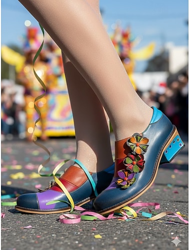  Damen Mardi Gras Regenbogen-verzierte Blumen Plattform Stiefel - trendige Karnevalsschuhe mit kräftigen Farben und Glitzer