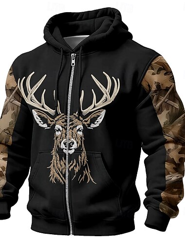  Homme Camouflage Cerf Sweat à capuche Veste Sweatshirt Mode Quotidien manche longue À capuche Vacances Chasse Noir Cordon de serrage Fermeture éclair Automne Hiver Designer S M L XL XXL XXXL