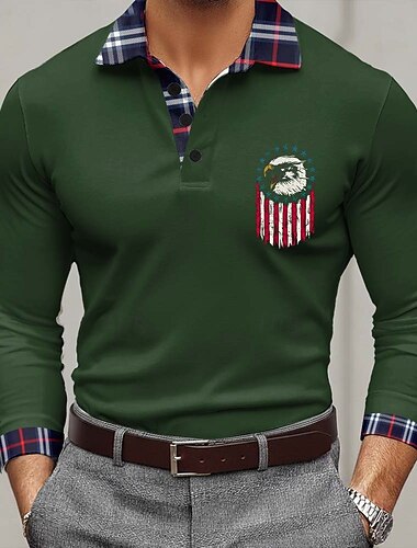  4 juli 2026 250e Voor heren Amerikaanse Amerikaanse vlag Polo Lange mouw Poloshirt Revers Casual Buiten Sportkleding Festivaloutfit 3D-afdrukken Knop Lente Herfst blauw Rood Paars