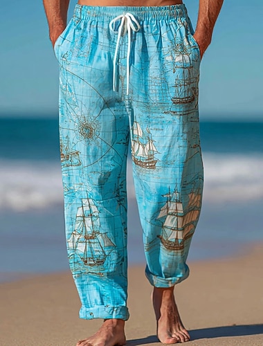  Per uomo Nautico Bussola Barca a vela Pantaloni Pantaloni casual Pantaloni Larghi Misura del girovita medio Vintage Retrò All'aperto Vacanza Abbigliamento mare Coulisse elastica in vita Pantaloni