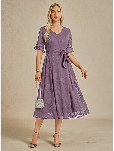  Dames Halflange jurk Chiffon jurk Elegant Flutter mouw Vakantie Bruiloft gast Afspraakje Zak Illusie Kant Normale pasvorm Bloemig Halve mouw V-hals Licht Paars