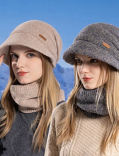  Conjunto de gorro y calentador de cuello de punto de invierno para mujer, gorro térmico con forro polar con visera y protección para las orejas, conjunto de gorro y bufanda de punto cálido para clima