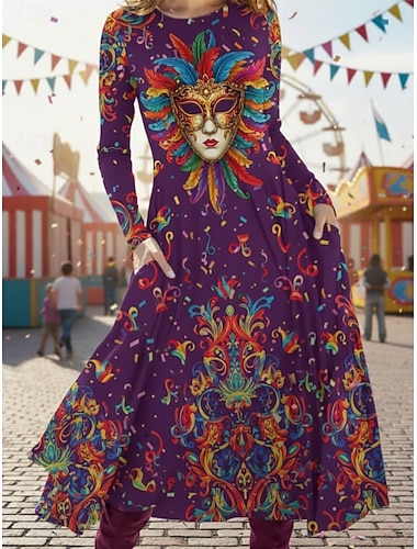  Dames Halflange jurk Casual jurk Swingjurk Elegant Modieus Dagelijks Buiten Weekend Normale pasvorm Grafisch Lange mouw Strakke ronde hals Licht Paars Paars Fuchsia Lila Lente Herfst Winter