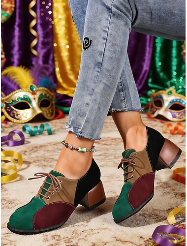  Oxfords à talon bloc patchwork multicolore pour femmes de Mardi Gras - Pompes rétro à lacets en color block pour les costumes de carnaval les clowns et un style funky au quotidien