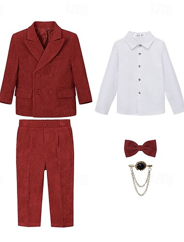  חליפת נושאי טבעת 5 חלקים חליפה לילדים בנים בלייזר &מכנסיים &חולצות &עניבה חליפה רשמית לבנים קז'ואל חוץ מסיבה אופנתי מגניב בסיסי צבע אחיד כפתורים עם כיסים שחור יין סגול פוליאסטר