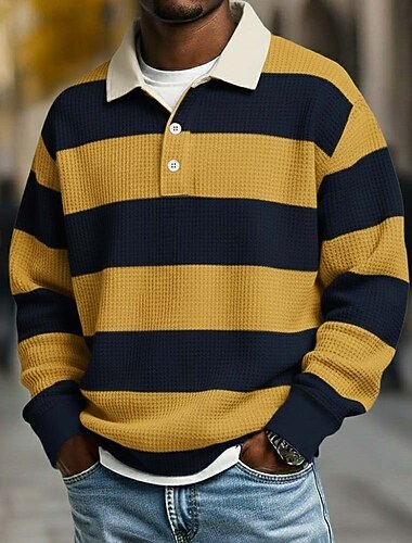  男性用 水平ストリップ ワッフルポロシャツ ラグビーポロ ラグビーポロシャツ 長袖 ポロシャツ ラペル スポーツウェア カジュアル 学校 アスレイジャー デイリーウェア 3Dプリント 春 秋 冬 ブルー イエロー パープル