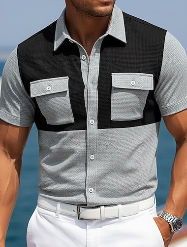  رجالي قميص قميص الوافل نسيج قميص غير رسمي زر حتى القميص أسود عنابي أخضر عسكري رمادي كم قصير سهل قبعة القميص فضفاض مناسب للبس اليومي جيب أمامي ملابس أنيق موضة كاجوال