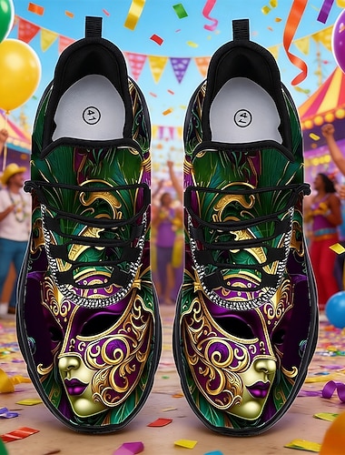  Herren Mardi Gras Karneval-Themen Sneaker mit lebhaftem Maskerade-Masken-Design – Lustige bunte Schuhe für Karneval Partys und Festivals