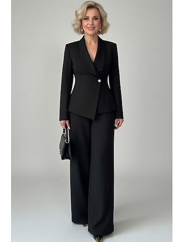  Dames 2-delige pakken Tweedelig liiketoiminta Bruiloft gast Stretchstof Elegant Eenvoudig Smoking Lange mouw V-hals Piek revers Enkele knoopsluiting één knoop