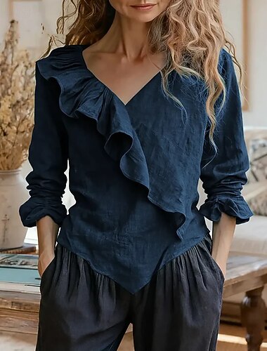  Mujer Blusa Volante Retazos Plano Vintage Elegante Manga Larga Escote en Pico Tops regulares Diario Festivos Noche Negro Rojo Azul Marino Verde Trébol Caqui Verano Primavera Otoño